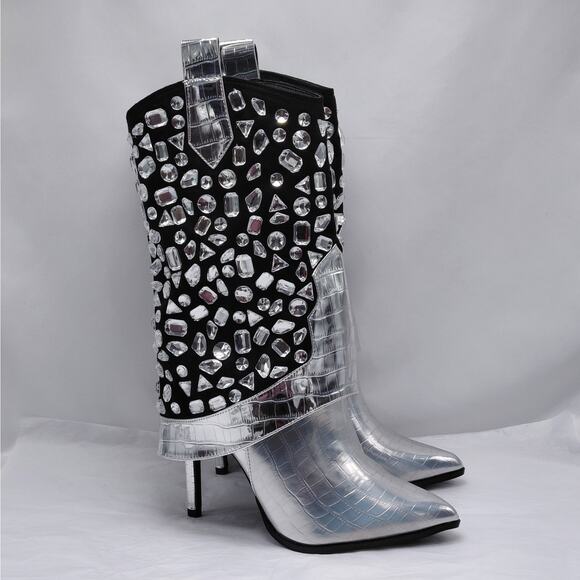 Lauren Lorraine Hana Rhinestone Cowboy Boots Silver Western Glam Size 9 Party - Picture 1 of 11